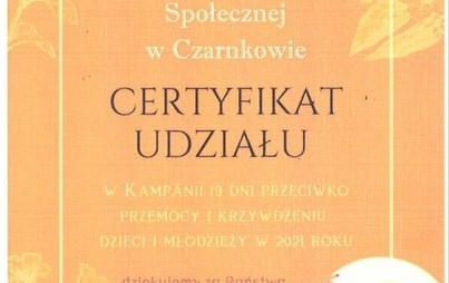 Zdjęcie do Certyfikat dla Miejskiego Ośrodka Pomocy Społecznej w Czarnkowie