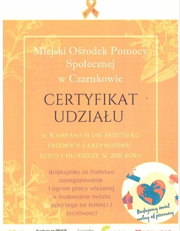 Zdjęcie do Certyfikat dla Miejskiego Ośrodka Pomocy Społecznej w Czarnkowie