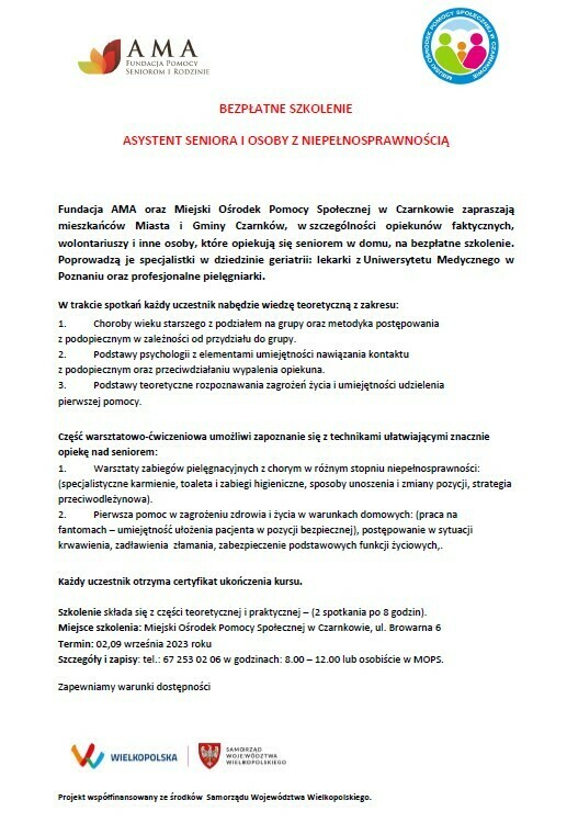 Zdjęcie do Bezpłatne Szkolenie Asystent Seniora i Osoby Niepełnosprawnej