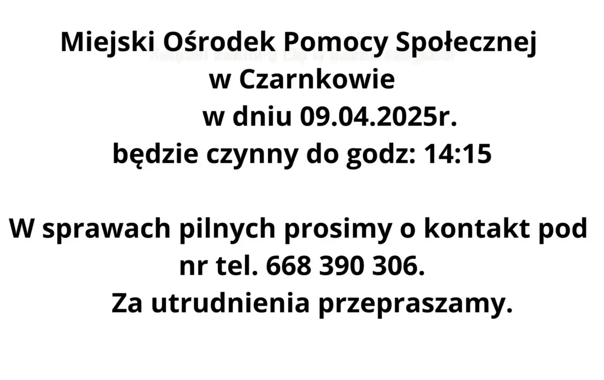 Zdjęcie do ZMIANA GODZIN PRACY OŚRODKA 